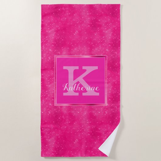 Girly Hot Pink Glam Diamond Sparkle Monogram Naam Strandlaken (Voorkant)
