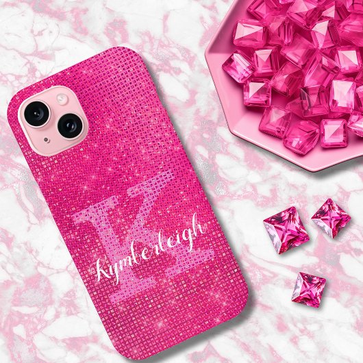 Girly Hot Pink Glam Glitter Sparkle Monogram Naam Case-Mate iPhone Case