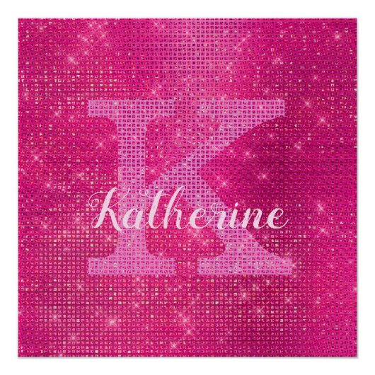 Girly Hot Pink Glam Glitter Sparkle Monogram Naam Perfect Poster (Voorkant)