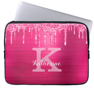 Girly Hot Pink Glitter Drift Chic Monogram Naam Laptop Sleeve