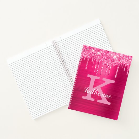 Girly Hot Pink Glitter Drift Cool Monogram Name Notitieboek (Binnen)