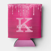 Girly Hot Pink Glitter Drift Glam Monogram Naam Blikjeskoeler (Voorkant)