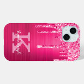 Girly Hot Pink Glitter Drift Glam Monogram Naam Case-Mate iPhone Case (Achterkant (horizontaal))