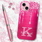 Girly Hot Pink Glitter Drift Glam Monogram Naam Case-Mate iPhone Case
