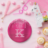 Girly Hot Pink Glitter Drift Glam Monogram Naam Papieren Bordje (Feest)