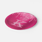 Girly Hot Pink Glitter Drift Glam Monogram Naam Papieren Bordje (Gekanteld)