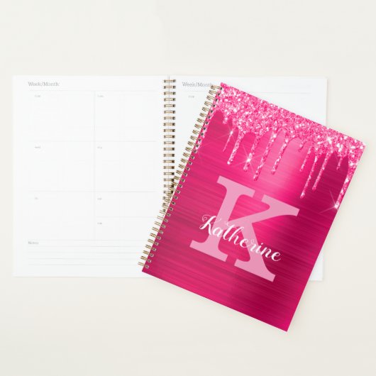 Girly Hot Pink Glitter Drift Glam Monogram Naam Planner (Display)