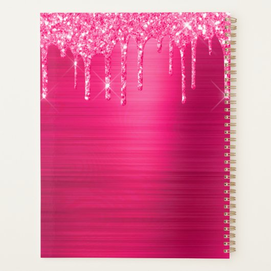 Girly Hot Pink Glitter Drift Glam Monogram Naam Planner (Achterkant)