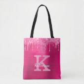 Girly Hot Pink Glitter Drift Glam Monogram Naam  Tote Bag (Voorkant)