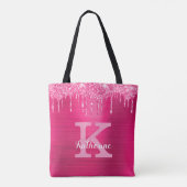Girly Hot Pink Glitter Drift Glam Monogram Naam  Tote Bag (Achterkant)