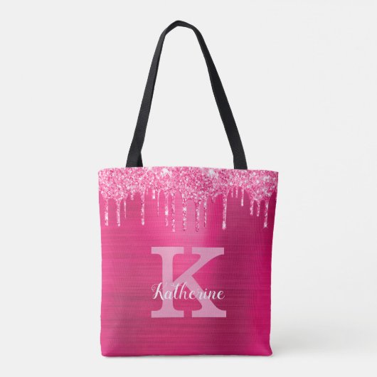 Girly Hot Pink Glitter Drift Glam Monogram Naam  Tote Bag (Achterkant)