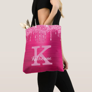 Girly Hot Pink Glitter Drift Glam Monogram Naam Tote Bag