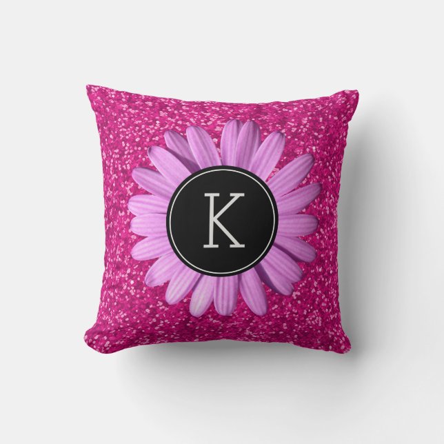 Girly Hot Pink Glitter Flower | Aangepast monogram Kussen (Voorkant)