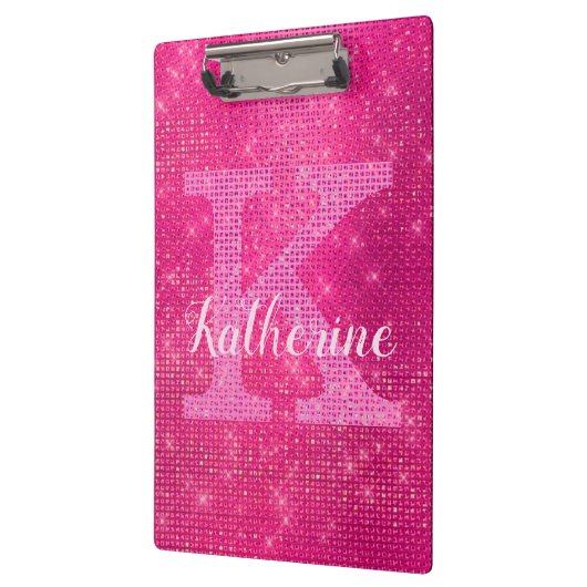 Girly Hot Pink Glitter Glam Sparkle Monogram Naam Klembord (Links)