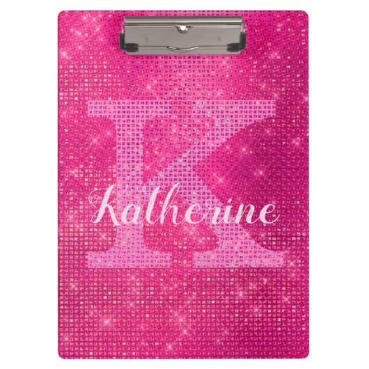Girly Hot Pink Glitter Glam Sparkle Monogram Naam Klembord (Voorkant)