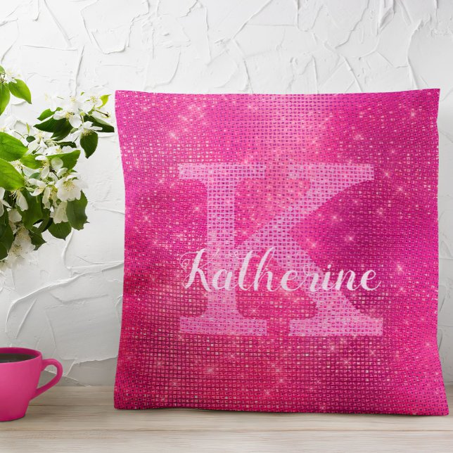 Girly Hot Pink Glitter Glam Sparkle Monogram Naam Kussen (Creator heeft geüpload)