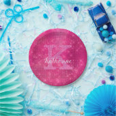 Girly Hot Pink Glitter Glam Sparkle Monogram Naam Papieren Bordje (Feest)
