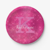 Girly Hot Pink Glitter Glam Sparkle Monogram Naam Papieren Bordje (Voorkant)