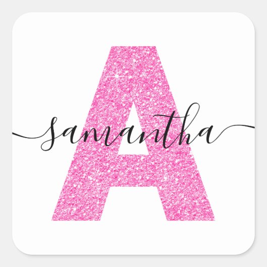 Girly Hot Pink Glitter Letter A Monogram Vierkante Sticker (Voorkant)