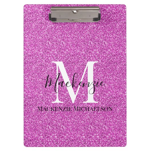Girly Hot Pink Glitter Monogram Naam Klembord (Voorkant)