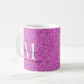 Girly Hot Pink Glitter Monogram Naam Koffiemok (Voorkant links)