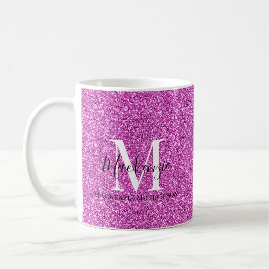 Girly Hot Pink Glitter Monogram Naam Koffiemok (Links)