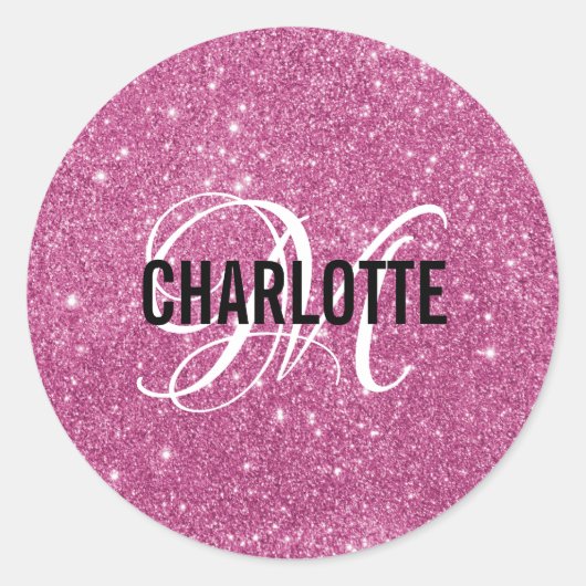 Girly Hot Pink Glitter Monogram Naam Ronde Sticker (Voorkant)