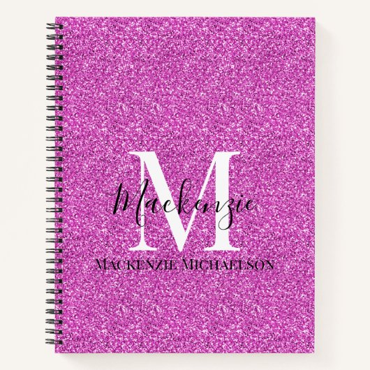 Girly Hot Pink Glitter Monogram Name Notitieboek (Voorkant)