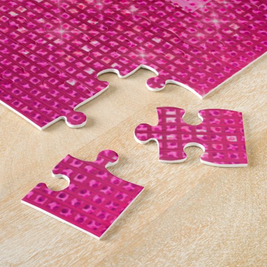 Girly Hot Pink Glitter Sparkle Bling Monogram Naam Legpuzzel (Zijkant)