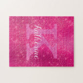 Girly Hot Pink Glitter Sparkle Bling Monogram Naam Legpuzzel (Horizontaal)