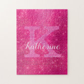 Girly Hot Pink Glitter Sparkle Bling Monogram Naam Legpuzzel (Verticaal)