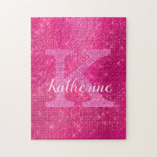 Girly Hot Pink Glitter Sparkle Bling Monogram Naam Legpuzzel