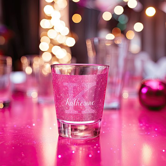 Girly Hot Pink Glitter Sparkle Fun Monogram Naam Shot Glas