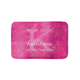 Girly Hot Pink Glitter Sparkle Glam Monogram Naam Badmat