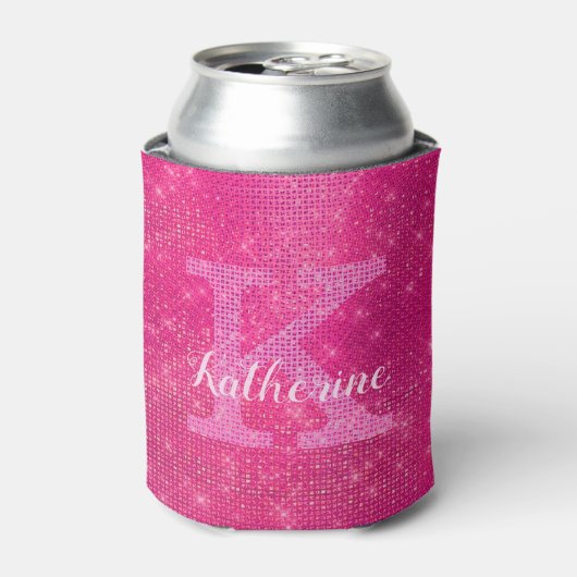 Girly Hot Pink Glitter Sparkle Glam Monogram Naam Blikjeskoeler (Blikje Voorkant)