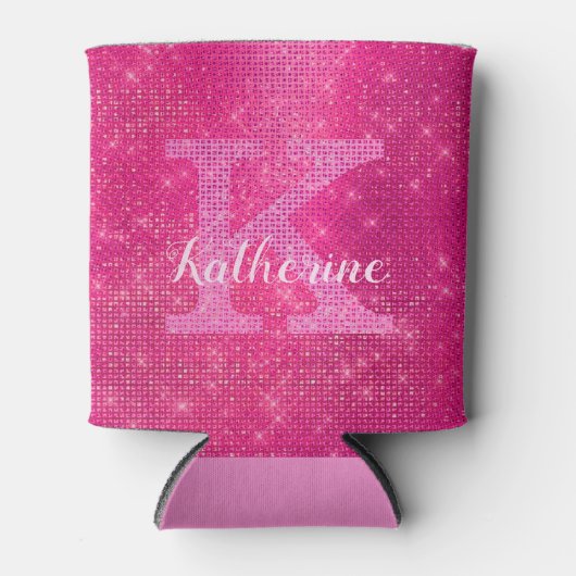 Girly Hot Pink Glitter Sparkle Glam Monogram Naam Blikjeskoeler (Voorkant)
