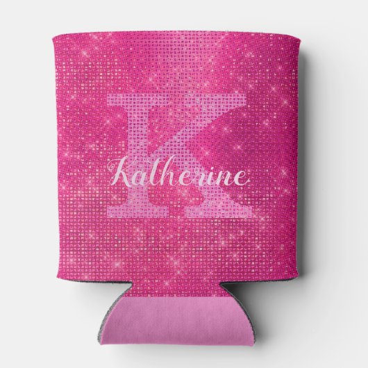 Girly Hot Pink Glitter Sparkle Glam Monogram Naam Blikjeskoeler (Achterkant)
