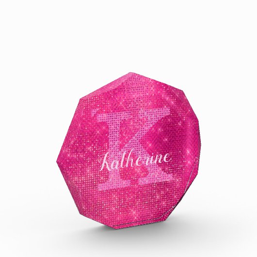 Girly Hot Pink Glitter Sparkle Glam Monogram Naam Fotoblokken (Links)