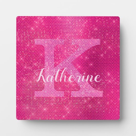 Girly Hot Pink Glitter Sparkle Glam Monogram Naam Fotoplaat (Voorkant)
