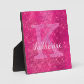Girly Hot Pink Glitter Sparkle Glam Monogram Naam Fotoplaat (Voorkant)