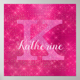 Girly Hot Pink Glitter Sparkle Glam Monogram Naam Poster