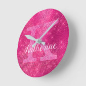 Girly Hot Pink Glitter Sparkle Glam Monogram Naam Ronde Klok (Hoek)
