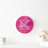Girly Hot Pink Glitter Sparkle Glam Monogram Naam Ronde Klok (Huis)