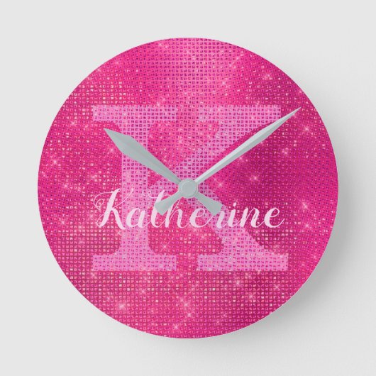 Girly Hot Pink Glitter Sparkle Glam Monogram Naam Ronde Klok (Voorkant)