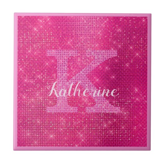 Girly Hot Pink Glitter Sparkle Glam Monogram Naam Tegeltje (Voorkant)