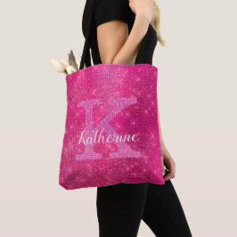 Girly Hot Pink Glitter Sparkle Glam Monogram Naam Tote Bag