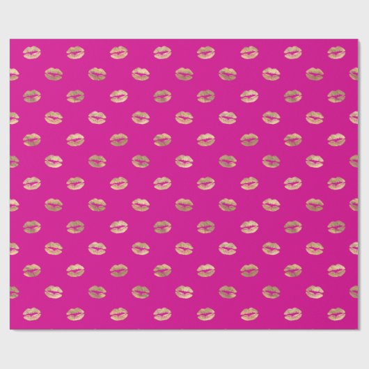 Girly Hot Pink Gold Kiss Lips Patroon Cadeaupapier (Vlak)
