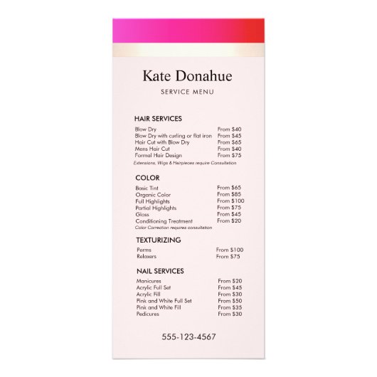Girly Hot Pink Gold Stripe Salon Price List Menu (Voorkant)