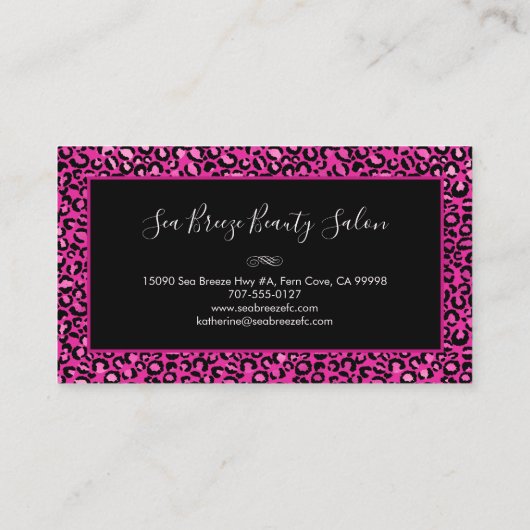 Girly Hot Pink Leopard Spots Chic Black Monogram Visitekaartje (Achterkant)