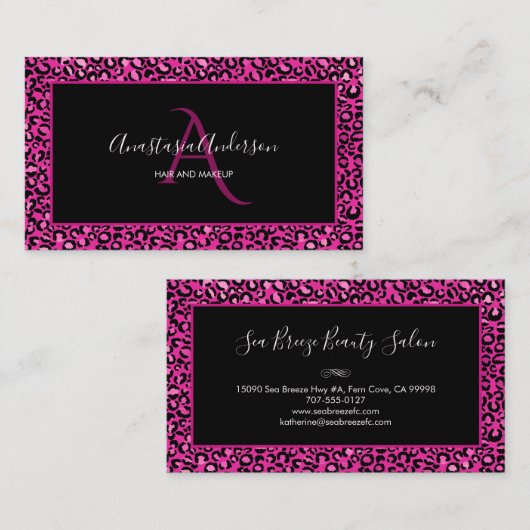 Girly Hot Pink Leopard Spots Chic Black Monogram Visitekaartje (Voorkant / Achterkant)